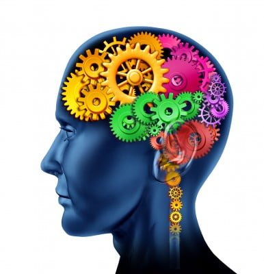 Illustration of a head with coloured cogs for a brain
