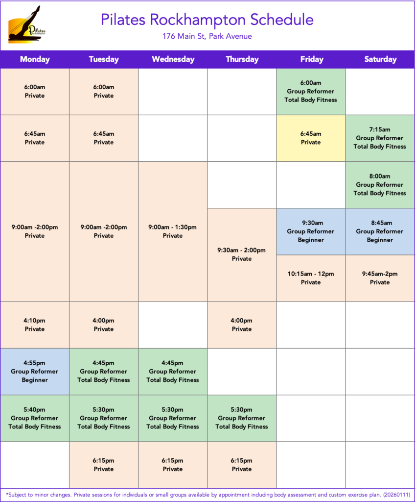Picture of the Pilates Rockhampton Weekly class schedule / timetable
